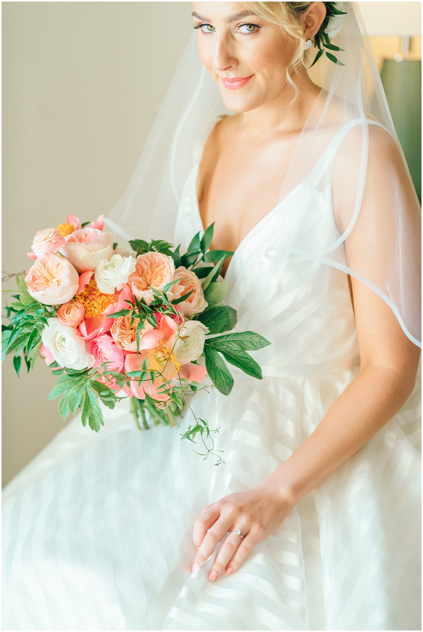 pink bouquet bride portrait